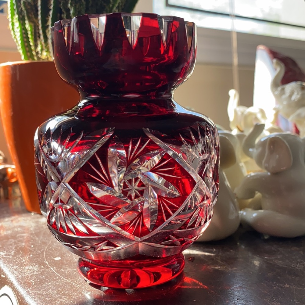 Vintage Bohemia Czech Crystal Red Vase - Picture 3 of 7
